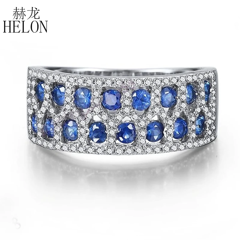 

HELON Solid 10K White Gold 1.45CT 100% Genuine Sapphires Real Natural Diamonds Wedding Anniversary Band Trendy Fine Jewelry Ring