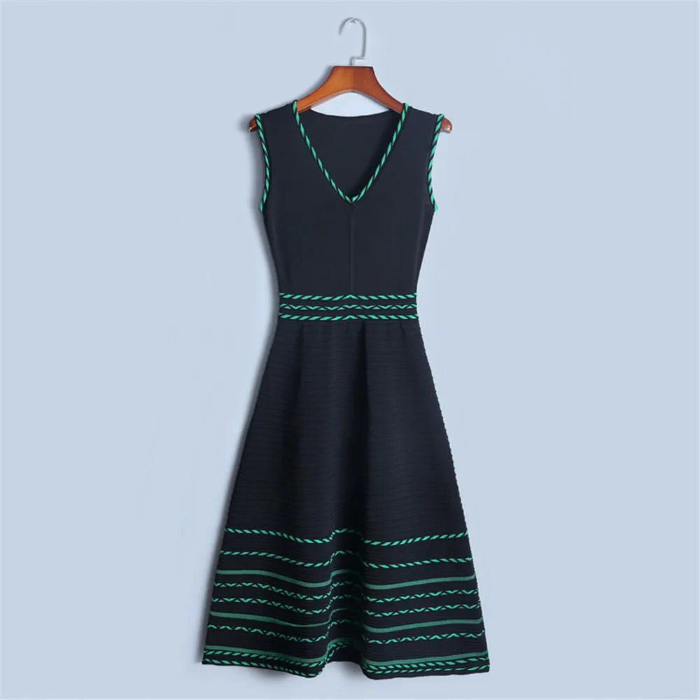 Tunjuefs Vintage Zippers Dress Women Pullover Summer Sleeveless Roby Dress Slim Twist Striped Party Dress Knit Vestido Sundress