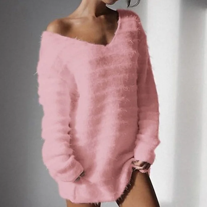 Lipswag 5XL, Женский Топ, осенний, длинный рукав, Однотонный свитер, пуловеры, v-образный вырез, флис, зимний, Повседневный, свободный, размера плюс, теплый женский джемпер - Цвет: Pink