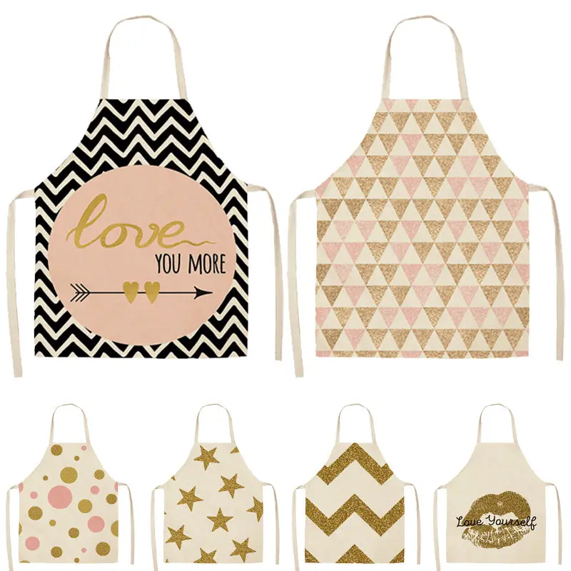 

1Pcs Simple Pink Gold Series Cotton Linen Aprons Home Cooking Baking Coffee Shop Cleaning Apron Kitchen Accessory 53*65cm Q0002