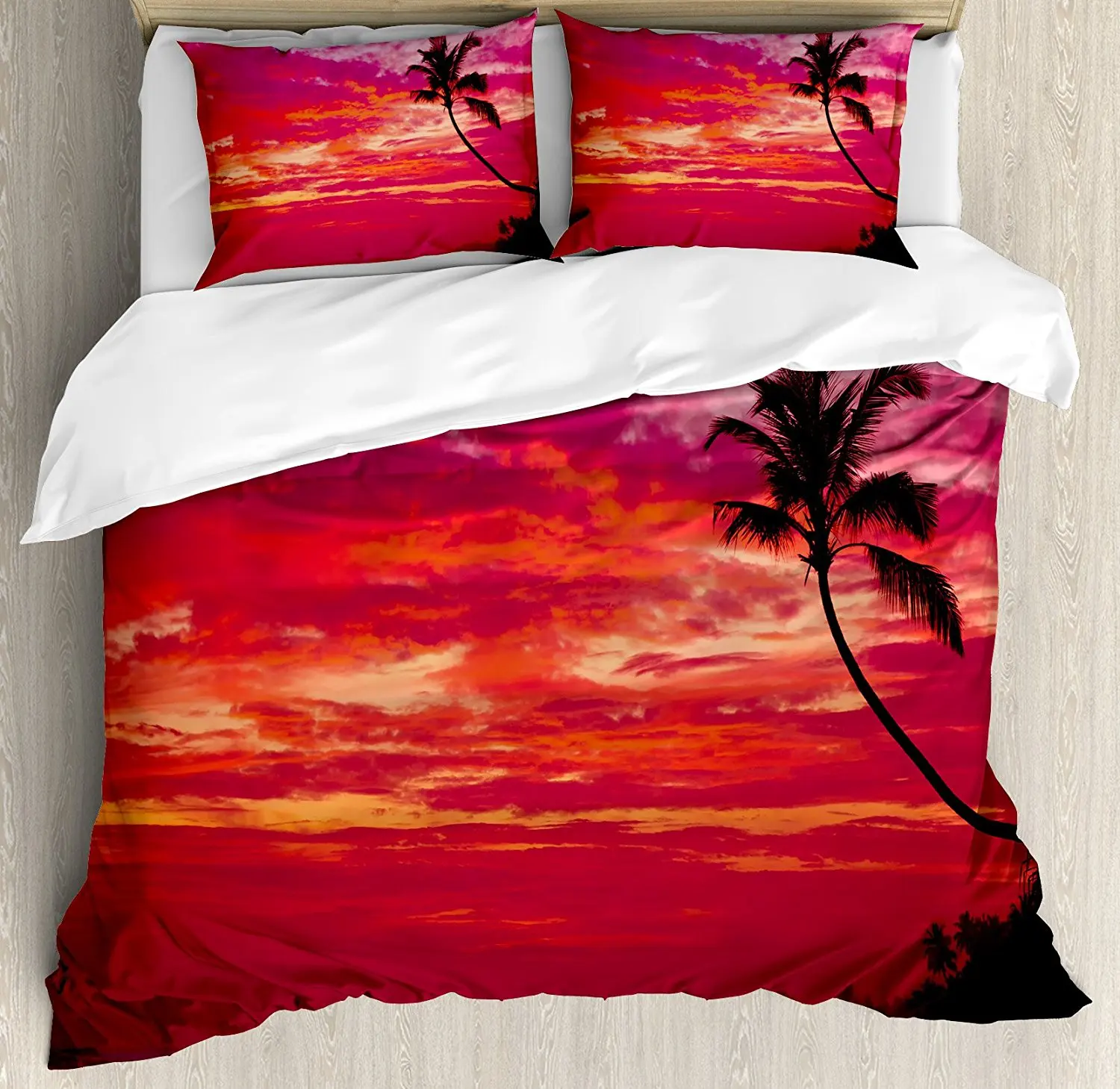 

Ocean Duvet Cover Set Sunset View from a Tropical Island Beach with Silhouette of Palm Tree on the Shore Art Print Bedding Set