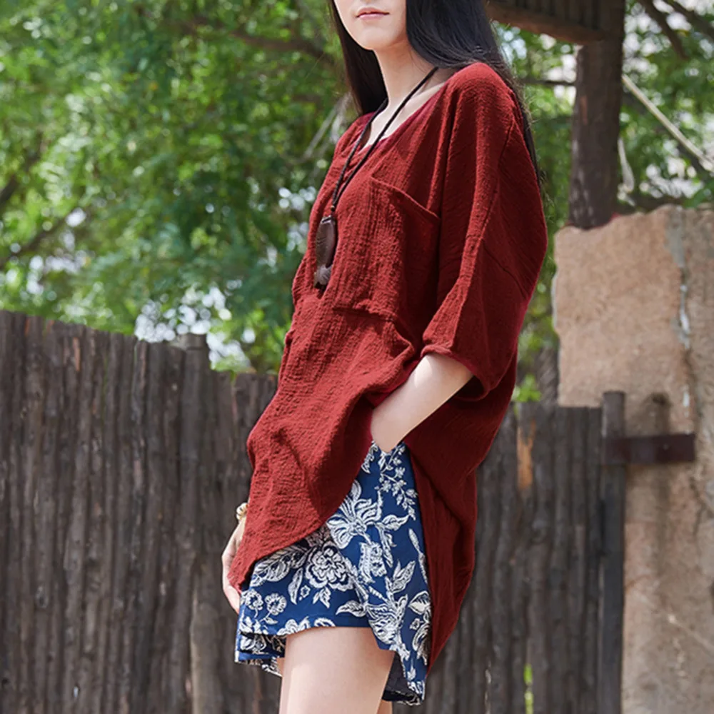 

EaseHut 2019 Spring Autumn Vintage Women Casual Loose Blouse O-Neck 3/4 Sleeve Cotton Solid Blouses Tops Plus Size 5XL Blusas
