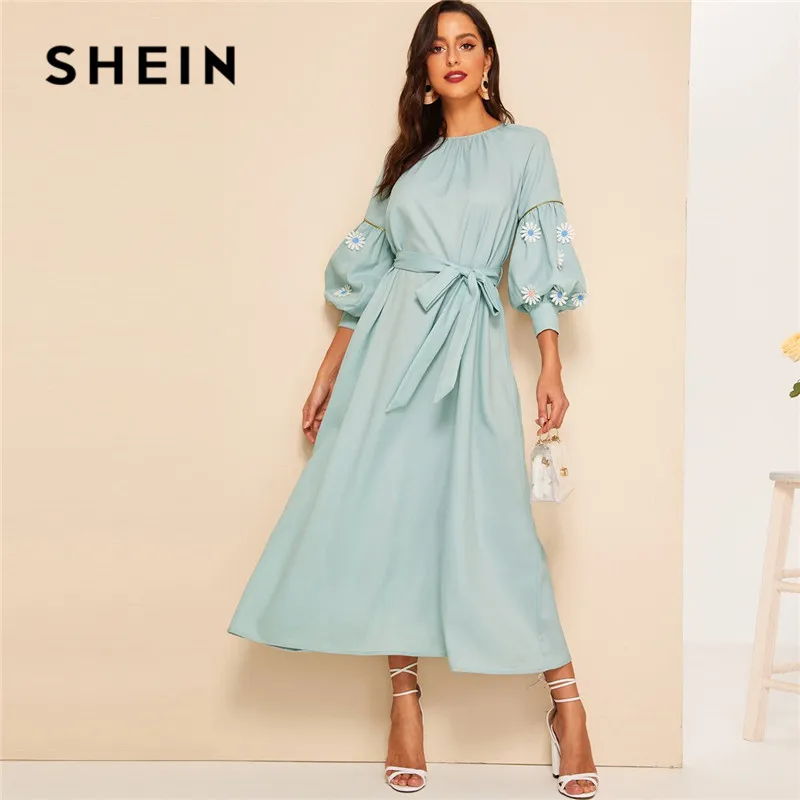 

SHEIN Pastel Green Keyhole Back Lace Appliques Belted Hijab Maxi Dress Women Spring Elegant Round Neck Lantern Sleeve Long Dress
