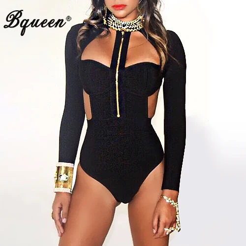 Женское боди с длинным рукавом Bqueen сексуальное на молнии вырезами и ремешками