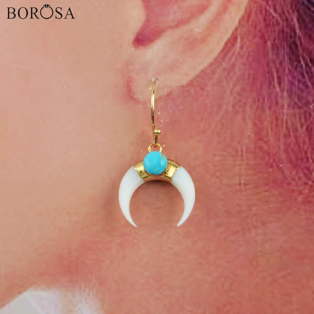 BOROSA Рог из ракушечника Золотой Гальванизированный& Круглый натуральная бирюза висячие серьги Howlites натуральный корпус женские серьги Прямая поставка