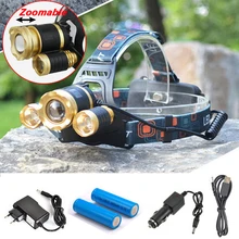 10000 Lumens Headlight 3 LED CREE XM-L T6 Headlamp Zoomable High Power Lamp Light+2*18650 Battery + AC Charger+Car Charger