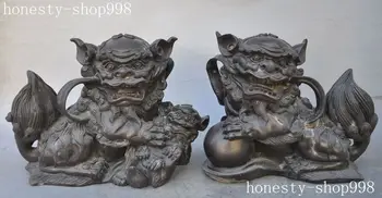 

9"Chinese FengShui Bronze Evil Door Guardian Fu Foo Dogs Lion beast statue Pair