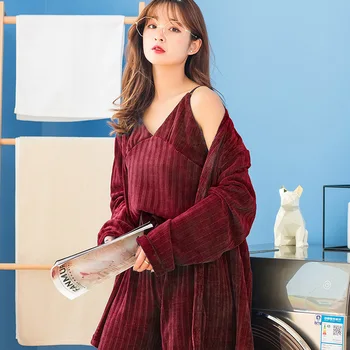 

New Three-piece Sleepwear Girls Pajamas Sexy Comfortable and Soft Pijamas Women Striped V-Neck Pyjamas Snow Velvet Home Suit