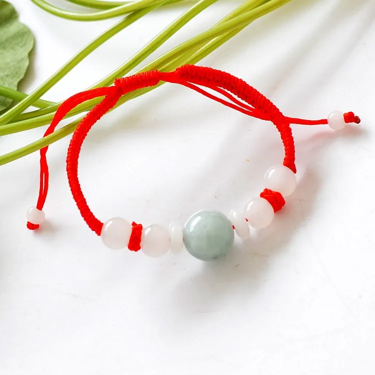Grade A Natural Burma Beaded Jade With Red Rope Bracelet ,Fine Jade