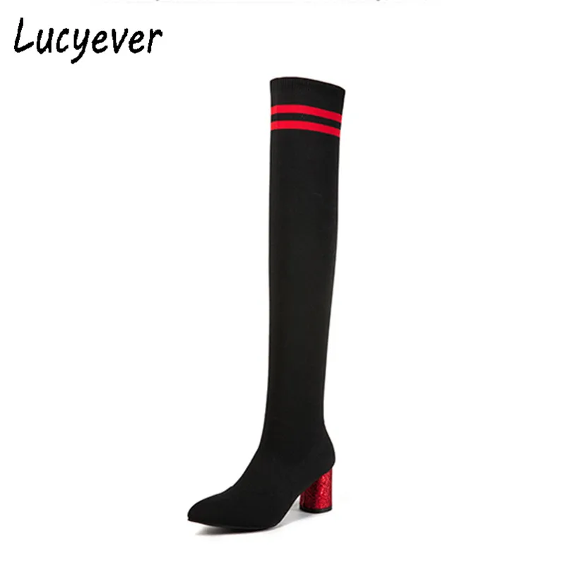 

Lucyever 2018 Fashion Female Autumn Winter Thigh High Boots Stretch Fabric Pointed toe High Heels Over The Knee Shoes Woman