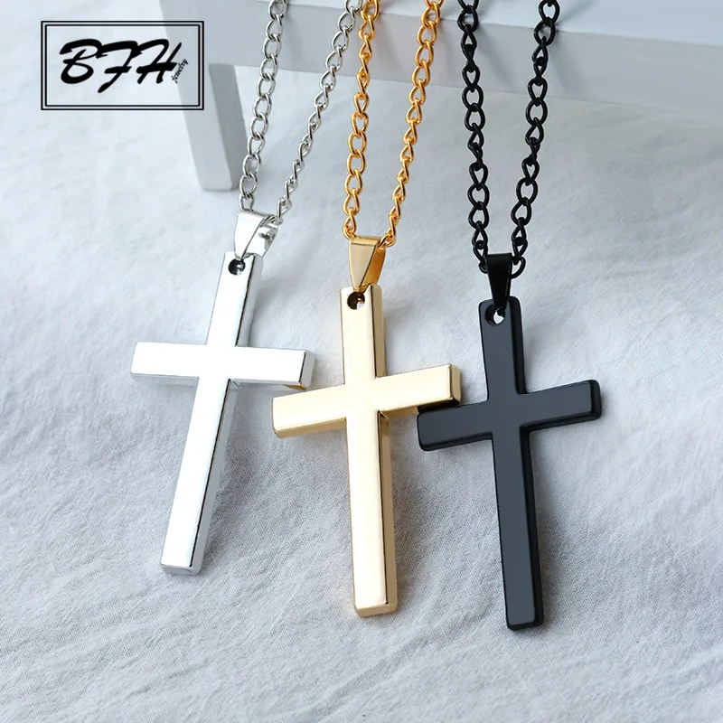 

BFH Korean Version Crystal Cross Long Gold Pendant Necklaces for Women Men Fashion Stainless Steel Link Silver Necklace Jewelry
