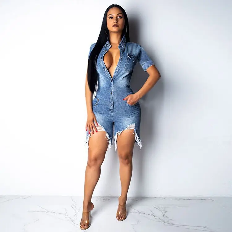 

2019 Summer Women Solid Hole Denim Bodycon Playsuit Blue Deep V-Neck Jean Rompers Sexy Hollow Out Short Jumpsuit