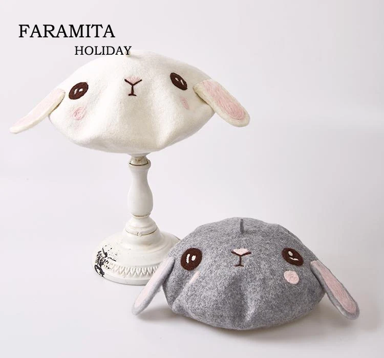 

Faramita Holiday Holland Lop Flat Cap Wool Beret Military Female Artist Hat French Style Cap Hand Made Women Girls Cute Berets