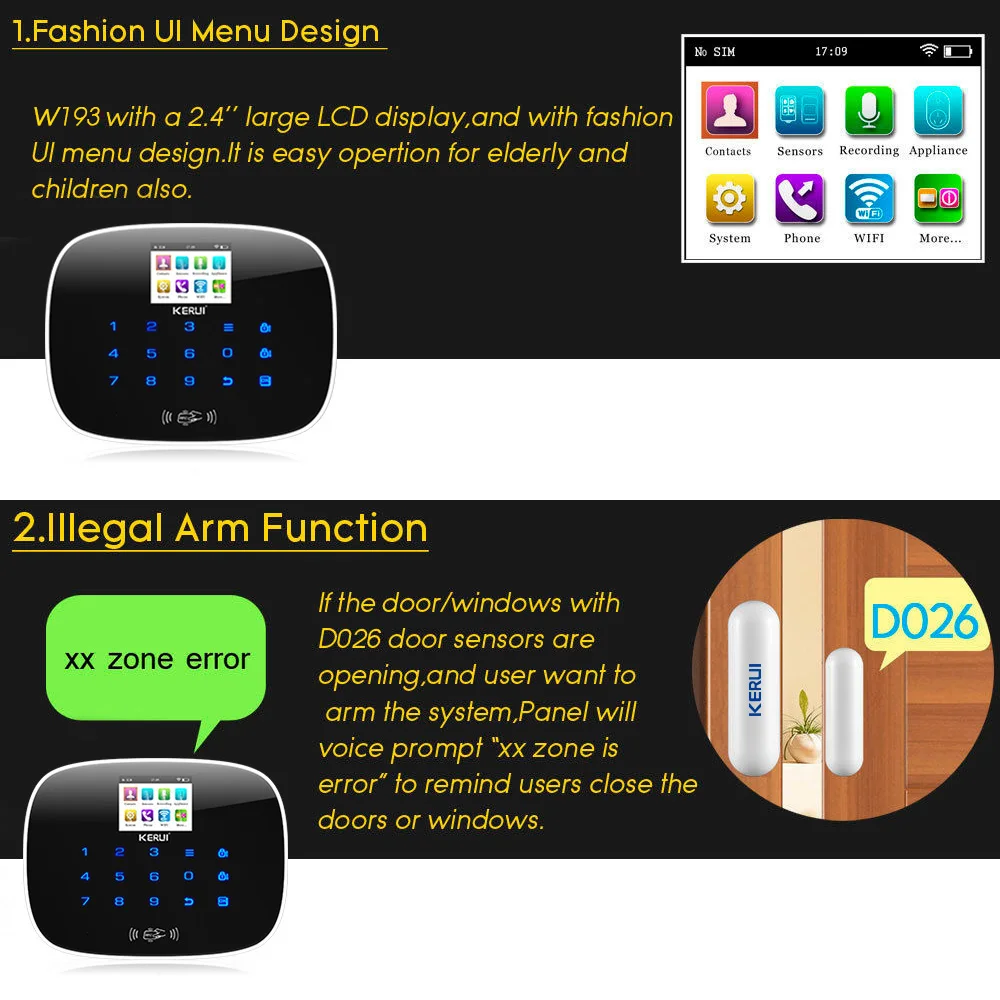 KERUI W193 беспроводной 3g wifi PSTN GSM Умный дом Охранная сигнализация наборы приложение дистанционное управление сенсорный экран сигнализация