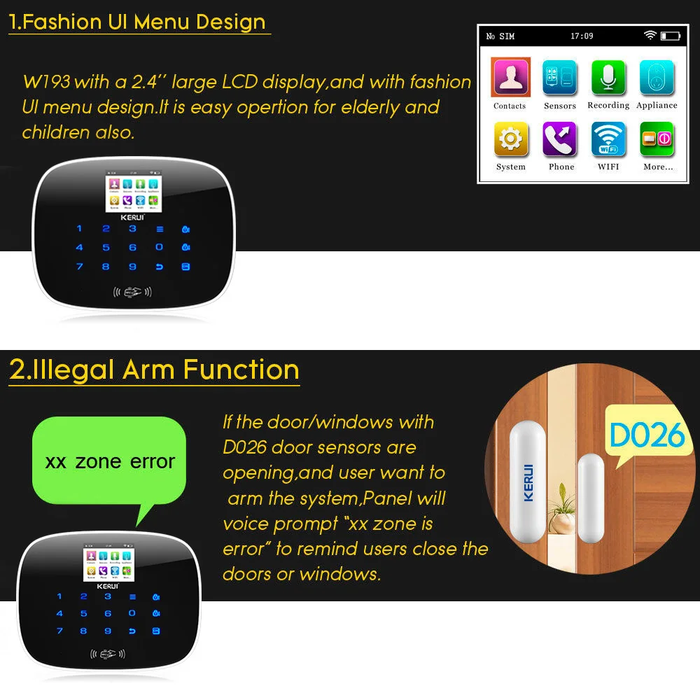 KERUI nuevo W193 inalámbrico 3G WIFI PSTN GSM inteligente hogar sistema de alarma antirrobo de seguridad juegos APP Control remoto táctil pantalla de alarma