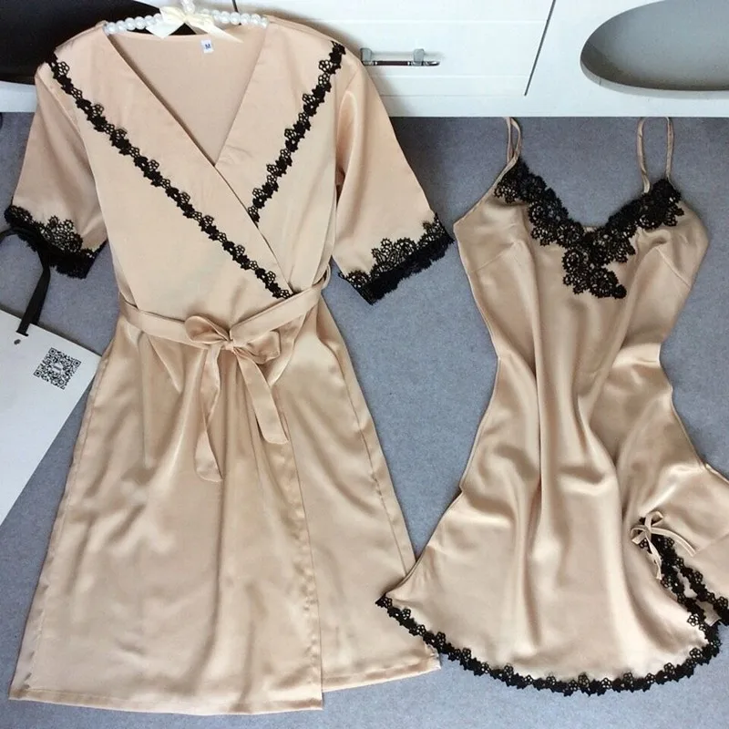 Новое поступление, сексуальный женский халат, Мини Ночная рубашка, Шелковый кружевной халат с коротким рукавом+ ночная рубашка, комплект из двух предметов