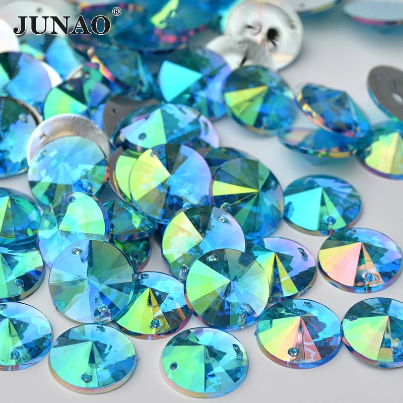 

JUNAO 18mm Aquamarine AB Sewing Rhinestones Applique Large Flatback Acrylic Gems Round Crystal Stones Sew On Rivoli Beads