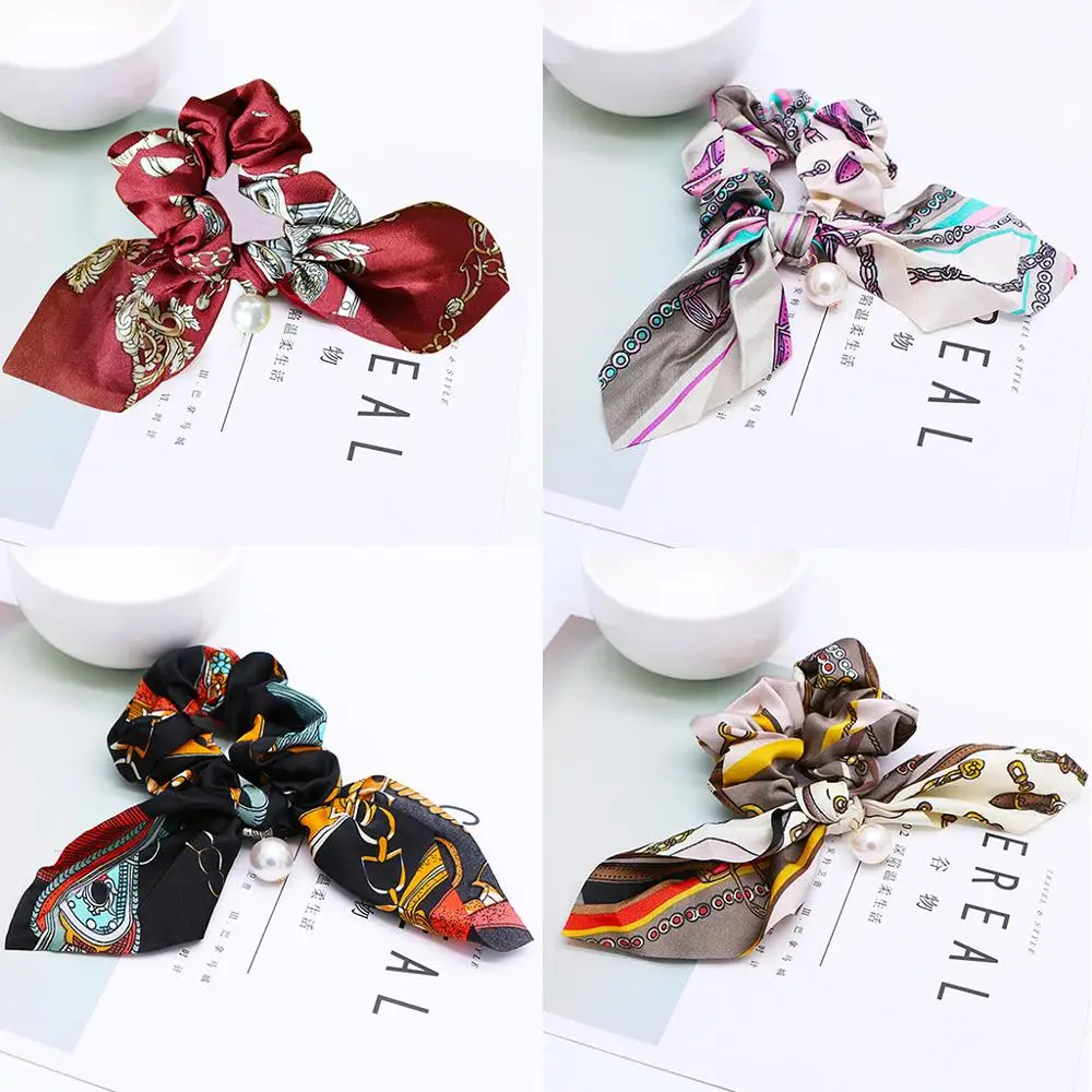 

Women Ladies Large Intestine Hair Rope Colored Metal Chain Patterns Ponytail Holder Faux Pearl Pendant Bowknot Scrunchies