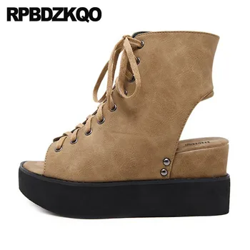 

Boots Shoes 2018 Booties Lace Up Harajuku Women Wedge Platform Sandals Ladies Peep Toe Pumps Brown Summer Slingback High Heels