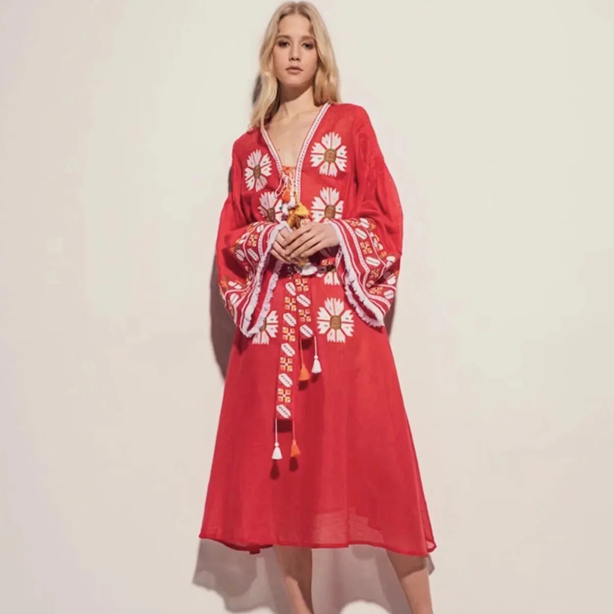 

Blossom Embroidery Long Dress 2018 Autumn Women Boho Flare Long Sleeve V neck Dresses Lady Floral Elegant Party Beach Midi Dress