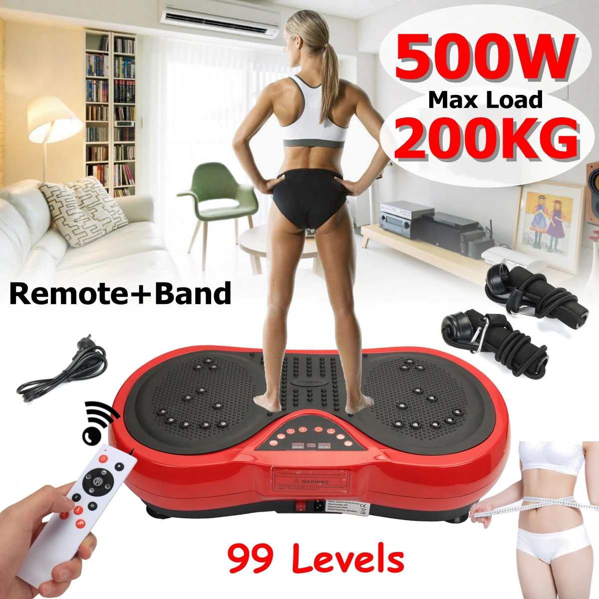 

Exercise Fitness Slim Vibration Machine Trainer Plate Platform Body Shaper with Resistance Bands for Home + remote + b and