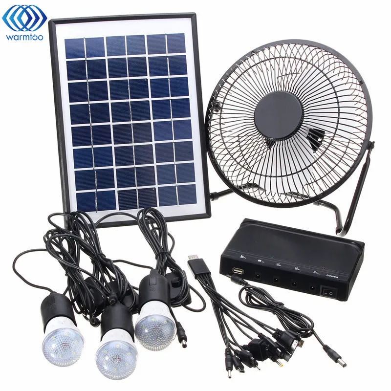 

Solar Power Panel Charging DC USB LED Light Lamp Fan Kit For Home Outdoor Camping