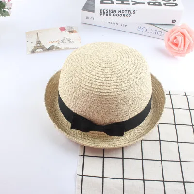50-52cm Fashion Bow tie Sun Hats Straw Wave Wide Brim Sun Hats Shade hat Beach hat,4,Child Size