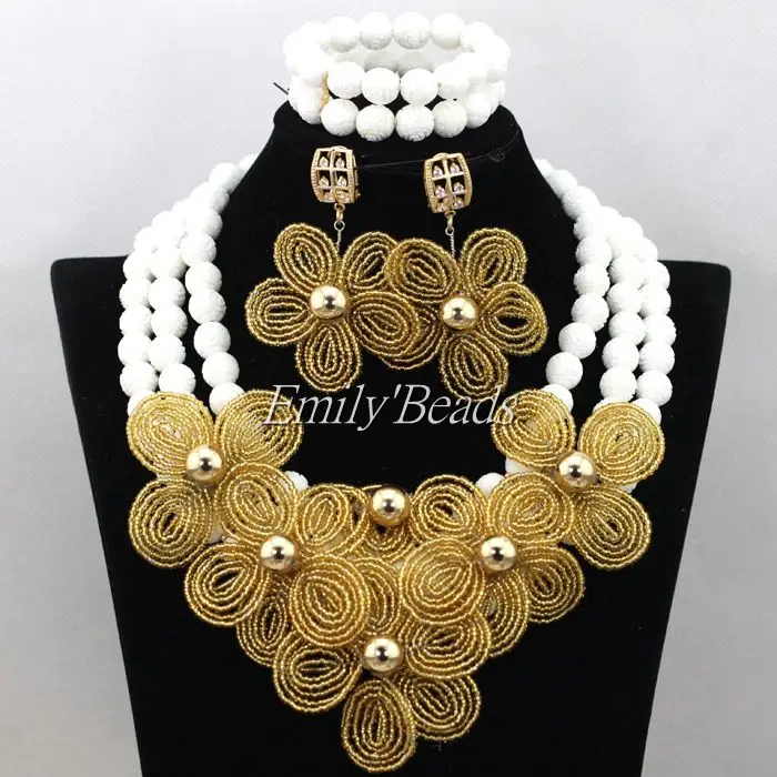 Graceful Nigerian Wedding White Artificial Carve Coral Beads Jewelry Set African Costume Bridal Necklace Set Gold Flowers CJ562 Graceful Nigerian Wedding White Artificial Carve Coral Beads Jewelry Set African Costume Bridal Necklace Set Gold Flowers CJ562