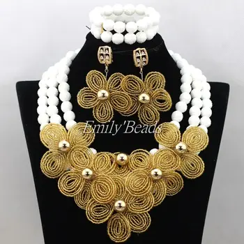 

Graceful Nigerian Wedding White Artificial Carve Coral Beads Jewelry Set African Costume Bridal Necklace Set Gold Flowers CJ562