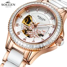 SOLLEN 32.5 мм белый розовое золото tourbillon power reserve чайка движение, женская водонепроницаемый полые автоматические механические часы