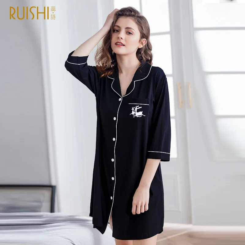 

J&Q Solid Night Shirt 2019 New Fashion Women Sleepshirt Gown Black Navy Lapel Button Womens Lingerie Nightgown Women Nightwear