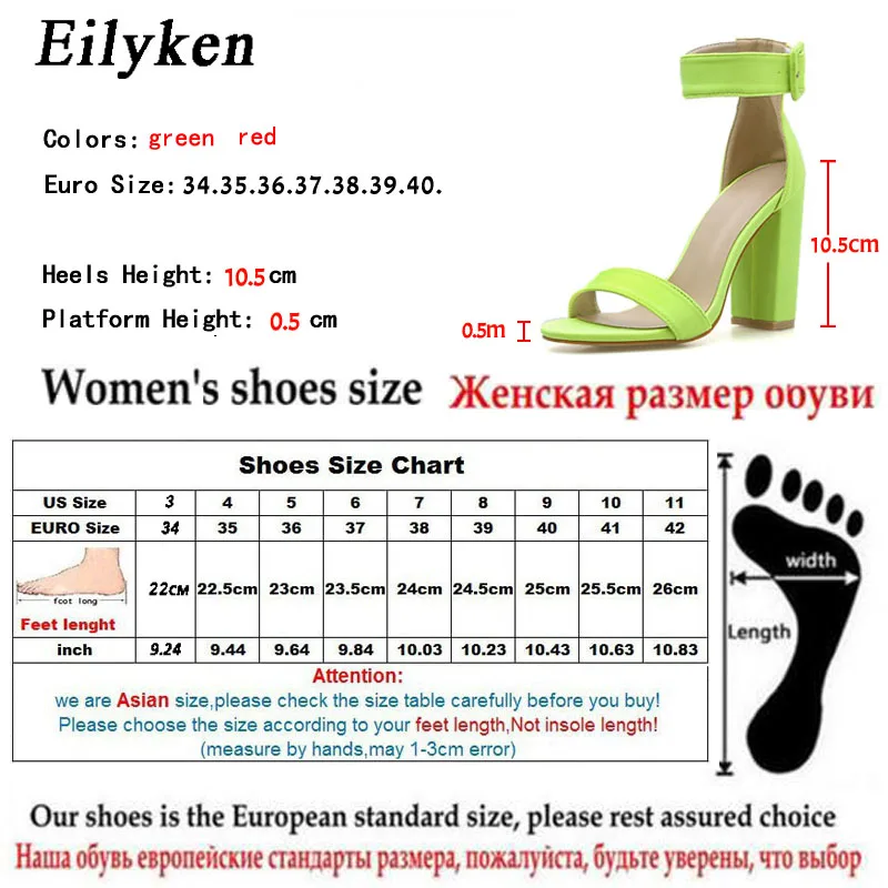 Eilyken/летние флуоресцентные зеленые женские босоножки на высоком каблуке с открытым носком; женские босоножки с ремешком на щиколотке и пряжкой; повседневная обувь; Размеры 35-42