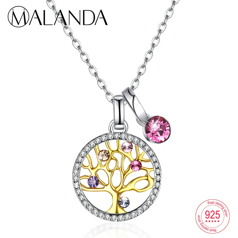 

MALANDA Design Crystal From Swarovski Glod Color Life Tree Round Pendant Necklaces For Women Sterling Silver Jewelry Girl Gift