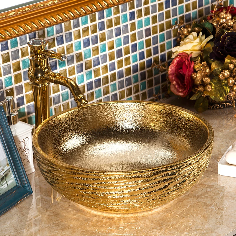 Europe Vintage Style Ceramic Sinks Counter Top Wash Basin Bathroom Sink ceramic bowl wash basin gold (7)