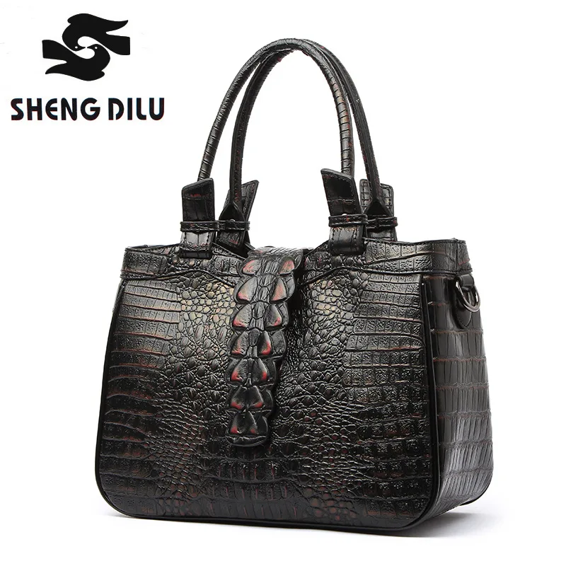 SHENGDILU Brand Genuine Leather Vintage Bag women Crocodile Pattern