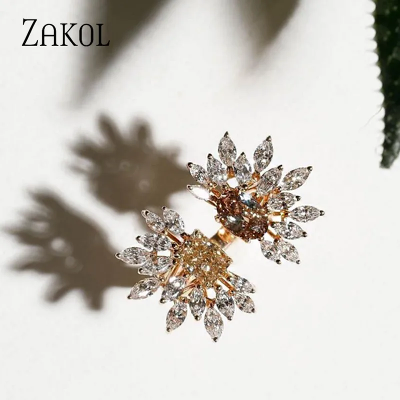 

ZAKOL CZ Dazzling Open Ring With Flower Shape Wedding Engagement Jewelry For Women Gift FSRP244