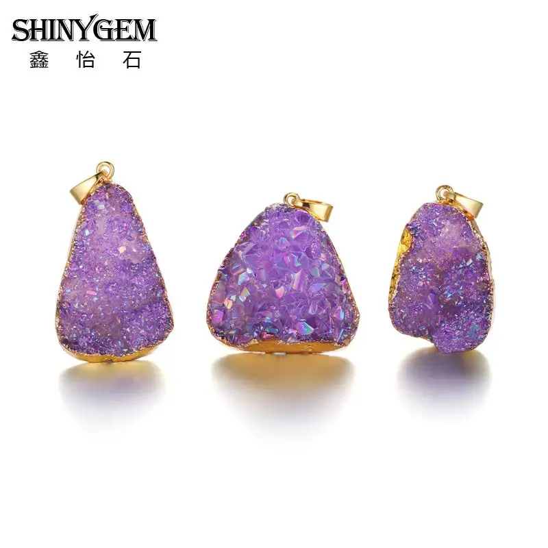 Подвеска ShinyGem с натуральным друзным кристаллом, золотой край, несимметричный кристалл, опал, подвеска, чакра, натуральный камень, Подвески для изготовления ювелирных изделий - Окраска металла: Purple