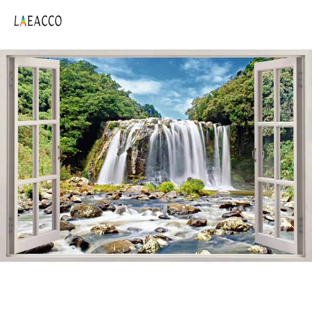 

Laeacco Natural Mountain Waterfall Forest Stone Window Home Decor Photography Backdrops Photo Background Photocall Photo Studio
