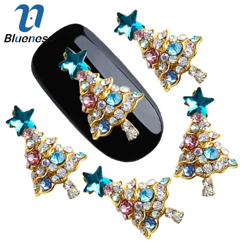 

10Pcs/Lot 3D Rhinestones Decorations Blue Glitter Star Christmas Tree Design Adhesives Nail Art DIY Studs Supplies Alloy TN2106