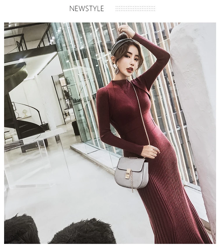 Winter autumn high quality Women Long Knitted Dress Sexy vestidos Back Slim Sweater Dress Fit And Flare Thicken Warm Dress