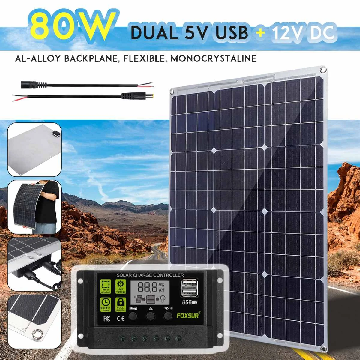 

80W Solar Panel 5V Double USB With 10/20/30A Dual USB Solar Cells Regulator Controller ect for car yacht RV Lights Charger