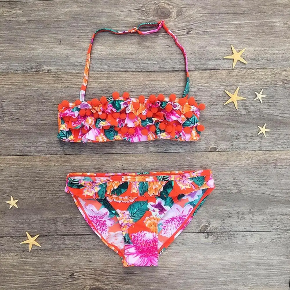 

Girls Swimsuits 2019 Children's Swimwear For Girls Children Baby Girl Hairball Ruched Bikini Set Swimwear Swimsuit A1