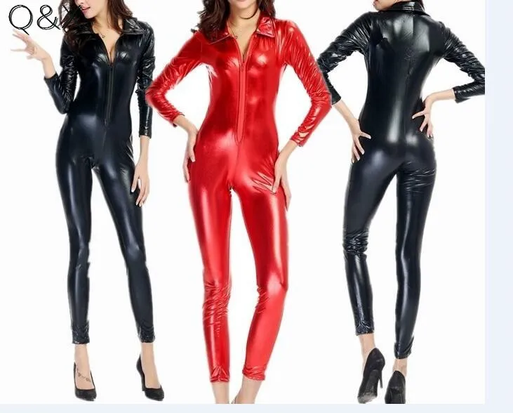 

PS19 2017 Female PVC Patent Leather Black Red Babysuit Gothic Look Play Game Teddy Body Suit Stretch Crotch Zip Costume