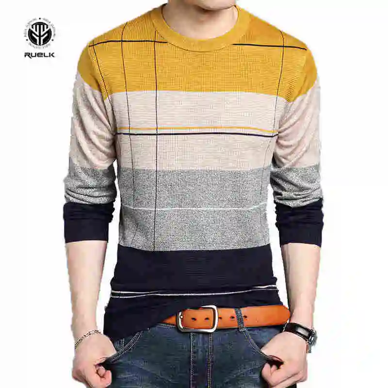 RUELK осенне-зимний брендовый свитер, модный трендовый полосатый приталенный пуловер, Мужской Повседневный свитер с круглым вырезом и длинным рукавом