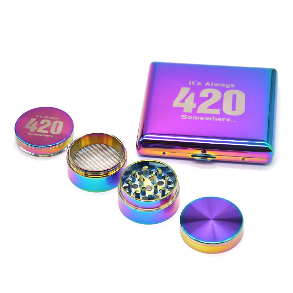 

1 Set"Stoner"Smoking Tool Cigarette Case(90x80MM Hold 20 Regular Size Cigarettes) Herb& Zinc Alloy 4 Part Dia.50mm Spice Grinder