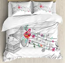 Music Decor Duvet Cover Set Vintage Gramophone Record Player with Floral Ornament Blossom Antique 4 Piece Bedding Set