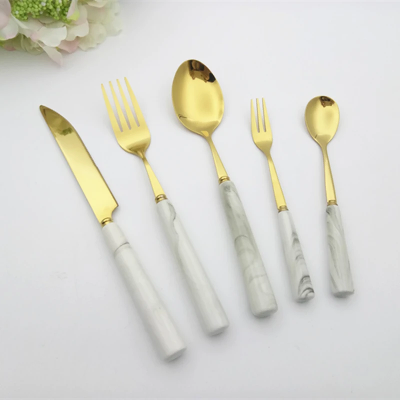 Мраморные дизайнерские для ужина тарелка с полным набором золотой край еды лоток золотой стейк нож суп ложка десертная вилка, ложка набор столовых приборов