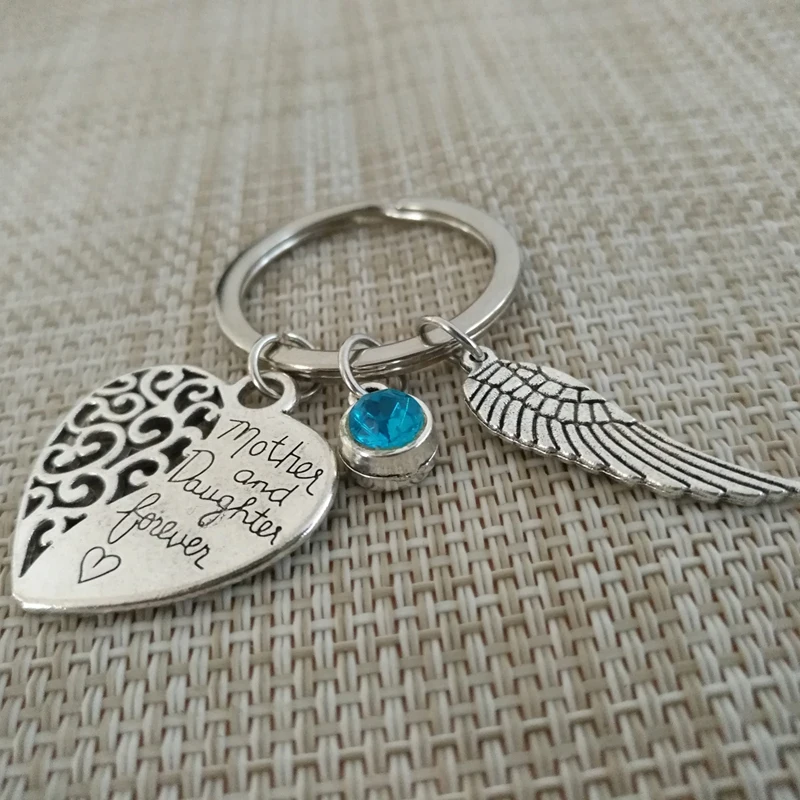 

Hollowed-out work Daugther And Mother Forever Keyring Angel wing Keychain Birthstone Keyfob Bagchain Loss Love souvenir