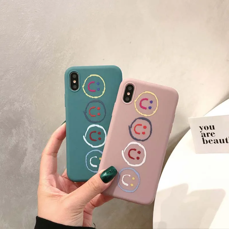 

Cartoon Simple Four Smiling Face Phone Case For iPhone X XR XS Max 6 6S 7 8 Plus Matte Soft Silicone Full Back Cover