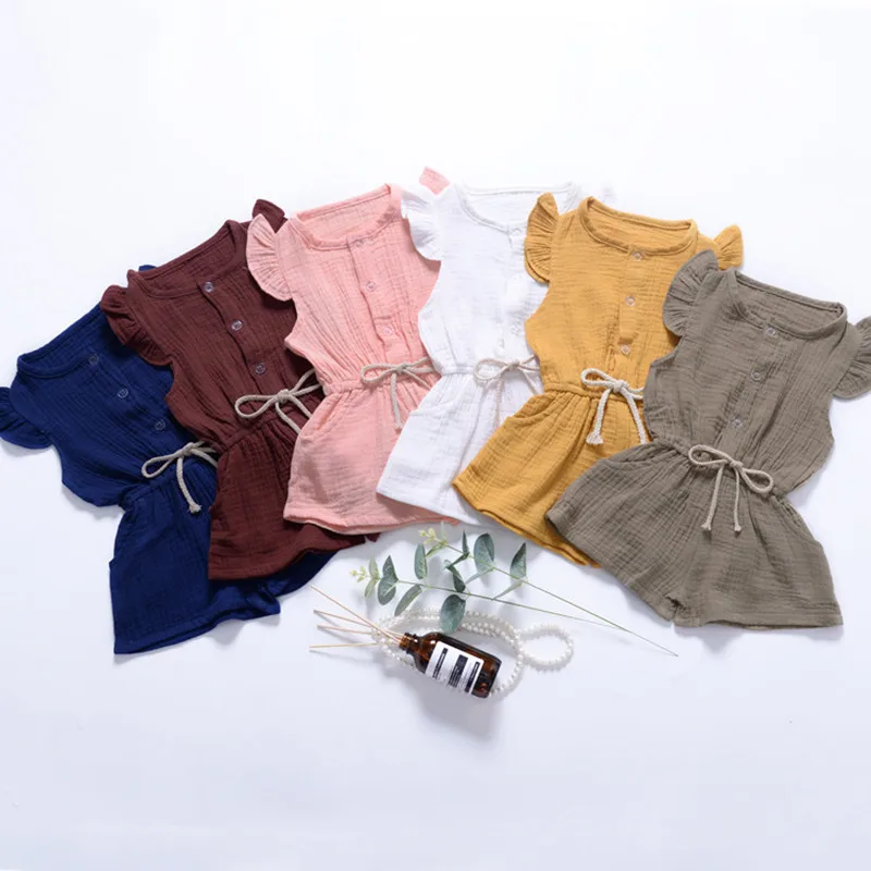 

Summer Children Clothes High Quality Kids Gaze Cotton Fly Sleeve Overall Baby Girls Top+Short One-Piece Solid Pants Hot Sale